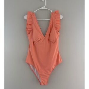 Cupshe XXL Swimsuit Women Peach Pink One Piece Deep V Ruffle Sleeve Padded